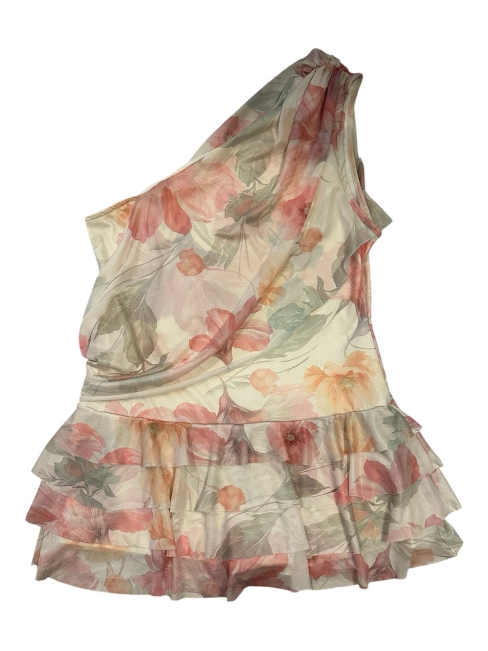 One-Shoulder Floral Ruffle Dress/Romper style underneath  - Cream& Pink